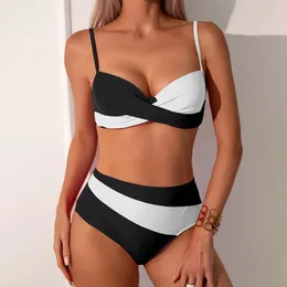 Women's Swimwear 2024 Women Sexy Bikini Black And White Color-Blocking Female High Waist Split Swimsuit Two Piece Swimming Bathing Suit