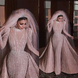 Abiti arabo staccabile matrimonio con perle di treni Dubai paillettes ad alto collo applicato abiti da sposa sirena da sposa