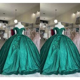 Dresses Beaded Dark Green Quinceanera Pearls Off The Shoulder Floor Length Handmade Flowers Sweet 16 Pageant Ball Gown Custom Made Formal Ocn Wear Vestidos