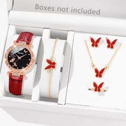 Wristwatches 6 PCS/Set For Women Watches Half Face Butterfly Dial Quartz Wristwatch Pu Leather Strap Jewellery Set Gift Girls