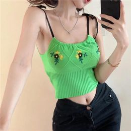 Women's Tanks Embroidery Flower Design Sling Spice Girl Sleeveless Tank Top Solid Colour Tie Up Vest Streetwear Summer Beach Vacation Wear