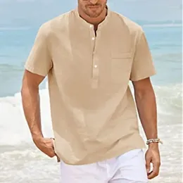 Men's T Shirts Pure Cotton Short Sleeve T-shirt With Solid Color Buttons And Stand Collar Pocket Casual Shirt Hawaiian Holiday Top S-3XL