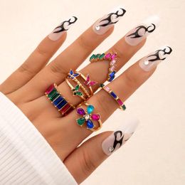 Cluster Rings Colorful Crystal Stone Inlaid Brick Ring Set For Women's INS Geometric Flower Butterfly Five Piece 22779