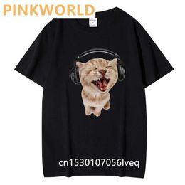 Women's T-Shirt Kawaii Kitten printed womens T-shirt with earphones short sleeved O-neck red T-shirt womens T-shirt topL2405