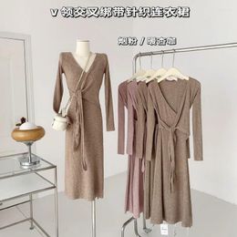 Casual Dresses Long Sleeve Sexy V-neck Sweater Knit Lace Party Comfortable Elegant Women's Dress A-Line