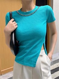 Women's T Shirts 2024 Summer Solid Chain Knitted Irregular S Short Sleeve Bottoming Skinny Knitwear Tops Female