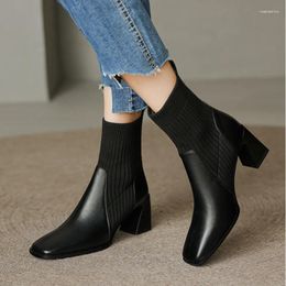 Boots Shoes For Women 2024 Fashion Knitted Ankle Women's Winter Modern Solid Slip-on Square Toe Heeled Female