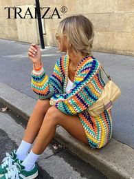 Women's Knits TRAFZA 2024 Women Fashion Crochet Striped Knit Open Stitch Colorful Sweater Autumn Female Vintage Loose Long Sleeve Cardigans