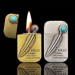 Metal Direct Impact Single Flame Cigarette Kerosene Lighters Turquoise Feather Windproof Lighter