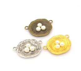 100 Pcs Bird Nest connector charms with 3 Faux Pearl Egg 22x30mm good for DIY craft Jewellery making1261827