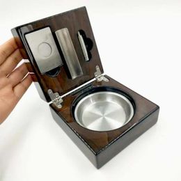 Foldable Cigar Ashtray, Metal, Retro, Solid Wood, Ash Tray Accessories, Gift Set, Collapsible, Cigar Cutter, Personality Smoking Office Home Decoration