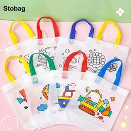 Storage Bags StoBag 10pcs Cartoon Painted Drawing Non-woven Tote DIY Handmade Kids Child Fabric Art Handbag Reusable Pouches