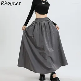 Skirts Solid Pleated Women Empire Elastic Waist A-line All-match Simple Chic Loose Ankle-length Female Spring Summer Grey Mujer