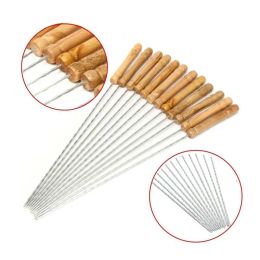 Accessories 12pcs/set Reusable BBQ Skewers With Wooden Handle 30CM Barbecue Needle Wood Stainless Steel Flattened Rounded Sign Optional Meat