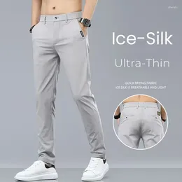 Men's Pants Summer Ice Silk Stretch Casual Men Thin Soft Fashion Business Elastic Korean Slim Male Clothes Trousers Grey Black Green