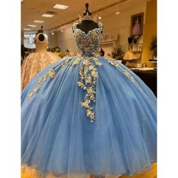Sukienki Niebieskie Quinceanera Floral Sky 2021 3D Applique Hafloidery Straps Ceikiny Kwiaty na zamówienie Słodka 16 suknia balowa