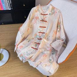 Women's Blouses Linen Print Chinese Style Long Sleeve Top Spring And Summer Arrival Buckle Loose Plus Size Elegant Casual Sun Protec