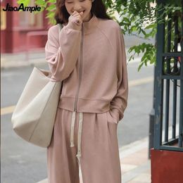 Women's Two Piece Pants Women Spring Autumn Thin Sporty Coats Wide Leg Set Korean Lady Pink Zipper Jackets Trousers Suits Run Clothing