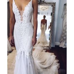 Dresses Mermaid Modest Plunging Backless V Neck Sheer Handmde Flowers Custom Made Straps Wedding Bridal Gown Vestido De Novia estido