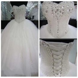 Balll Dresses Beaded Crystal Gown Sweetheart Neckline Pearls Corset Back Custom Made Wedding Bridal Gowns Vestido De Novia s