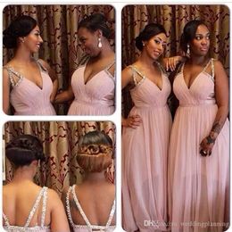 Floor Crystals Bridesmaid Dresses Pink Length Beaded Straps Tulle Pleats A Line Beach Wedding Guest Gowns Plus Size Custom Made
