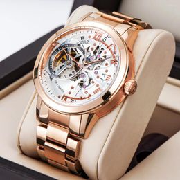 Wristwatches OBLVLO Retro Casual Men Skeleton Automatic Watches Mechanical Stainless Steel Strap Mineral Crystal Glass Rose Gold Clock VM