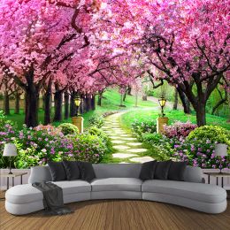 Stickers Custom 3d Photo Wallpaper Flower Romantic Cherry Blossom Tree Small Road Wall Mural Wallpapers for Living Room Bedroom De Parede