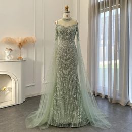 Sharon Said Sage Green Mermaid Luxury Dubai Evening Dress with Cape Sleeves Elegant Women Purple Wedding Formal Party Gown SS205 240425