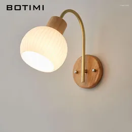 Wall Lamp BOTIMI Modern Curved Golden Arm Glass Lampshade Solid Wood For Bedroom Nordic Beside Sconce (LED Bulb Free