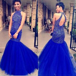 Abiti Prom Royal Mermaid Blue Blue Halter Halter Tulle Lunghezza 2020 Sleeveles Sexy Hollow Back Abiti da sera su misura su misura