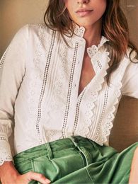 Women's Blouses French White Blouse Lace Round Neck Hollowed Out Top Ladies Long-Sleeved Single-Breasted Elegant Shirt For Early Spring