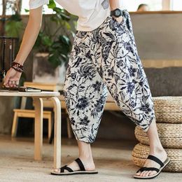 Men's Pants Harajuku Summer Loose Calf Length Casual Mens Wide Leg Cotton Linen Printed Pocket Pants Extra Large Mens PantsL2405