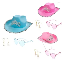 Berets 3pcs Woman Dangle Earring Sunglasses Cowboy Hat Set Carnivals Costume Outdoor Wide Brims Bridal For Pography Dropship