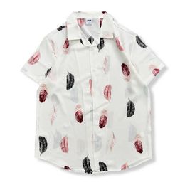 Men's Casual Shirts Dark Full Printed Button Up Curved Hem Mens Shirts Summer Casual Shirts for Men Outerwear Shirt White Y240506