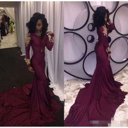 High Sleeves Neck Long Bury Evening Dresses Gold Applique Beaded Sweep Train Mermaid Formal Ocn Wear Prom Gown Custom Made