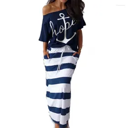 Work Dresses Women Summer Elegant Vacation Leisure Two-pieces Suit Sets Ladies Boat Anchor Print T-Shirt & Striped Maxi Skirt Letter