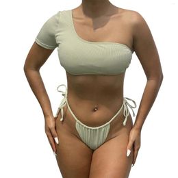 Women's Swimwear One Shoulder Short Breast Separate Swimsuit Lace Up Bikini Durable Skimpy For Women