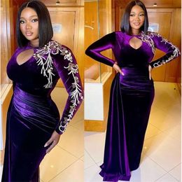 Plus Size Long Veet Dresses Prom Purple Sleeves 2021 Embroidery Beaded Custom Made Keyhole Jewel Neck Mermaid Pleats Evening Party Gown Vestidos