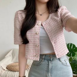 Vintage Shirts Tweed Short Sleeved Coat Tops Womens Single Breasted Pink Plaid Cardigan Beaded Crop Jackets Summer Y2k 240506