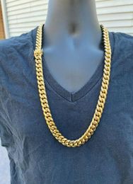 Mens Real Miami Cuban Link Chain 14k Gold Plated Stainless Steel 30quot 12mm WHOLE7708726