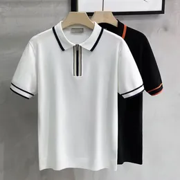 Men's Polos Men 2024 Summer Fashion Ice Silk Knitting Lapel Tops Tees Short Sleeve Slim Polo Shirt Mens Zipper Thin T-shirts D135