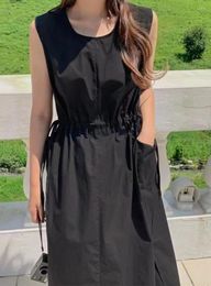Casual Dresses Black Top Tank Maxi Dress Women Summer Pleated Drawstring Sleeveless Long With Pockets 2 Colours