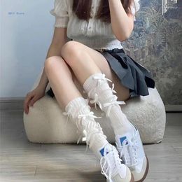 Women Socks Womens Japanese Solid Thin Thigh High Long Sweet Ribbon Bowknot Girls Loose Splicing Stockings