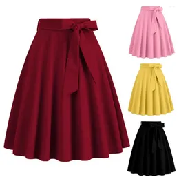 Skirts Women Skirt Solid Colour High Waist Belted Tight Bow Decor A-line Midi Big Swing Ruffle Summer Party Loose