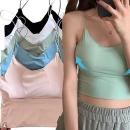 Camisoles & Tanks Sexy Summer Bra Ice Silk Crop Tops Sports Spaghetti Strap Vest Top Women Built In Off Shoulder Sleeveless Camisole