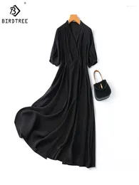 Party Dresses Birdtree Women's Natural Mulberry Silk Long Shirt Drees Solid V Necks Loose Slip Midi Big Hem D34843C