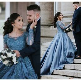 Sleeves Dresses Long Blue Quinceanera Illusion Lace Applique Satin Beaded Sweep Train Scoop Neck Sweet 16 Party Prom Ball Gown Free Shipping