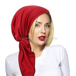 Women Pre-Tied Hat Turban Muslim Hijab Long Tail Headscarf Beanies Bonnet Hair Loss Wrap Chemo Cap Scarf Headband Turbante Mujer