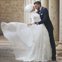 Abiti per collo 2021 Musulmani ad alto pizzo Applique a maniche lunghe in chiffon Spazzare treno da sposa da sposa su misura per abiti da sposa su misura