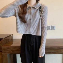 Women's Knits Women Single-breasted Cardigan Sweater Stripe Polo Neck Long Sleeve Knit Solid Casual For Autumn Winter